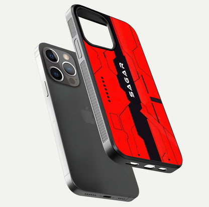Voltage Rise CYBERPUNK Custom Name Glass Case for iPhone 13 Pro floating dual-view mockup displaying gloss shine and lighting