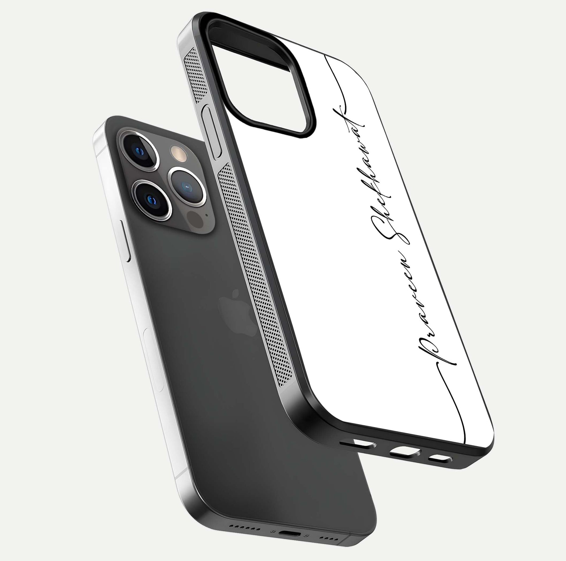 White Tune Custom Name Glass Case for iPhone 13 Pro floating dual-view mockup displaying gloss and HD detail