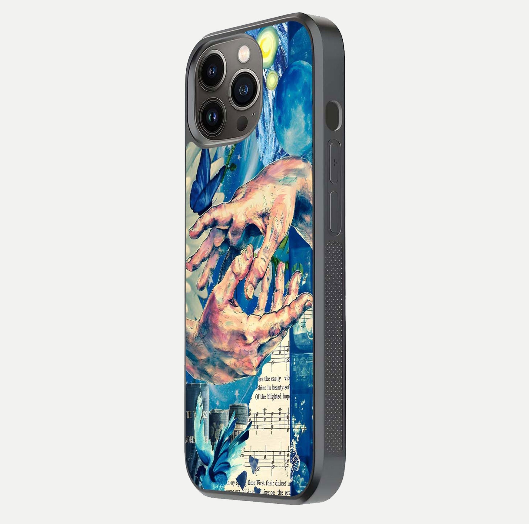 Aesthetic Divider Glass Case for iPhone 16 Pro side-angle image showing divider pattern print, camera module, and glossy finish reflection
