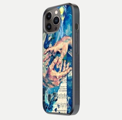 Aesthetic Divider Glass Case for iPhone 16 Pro side-angle image showing divider pattern print, camera module, and glossy finish reflection