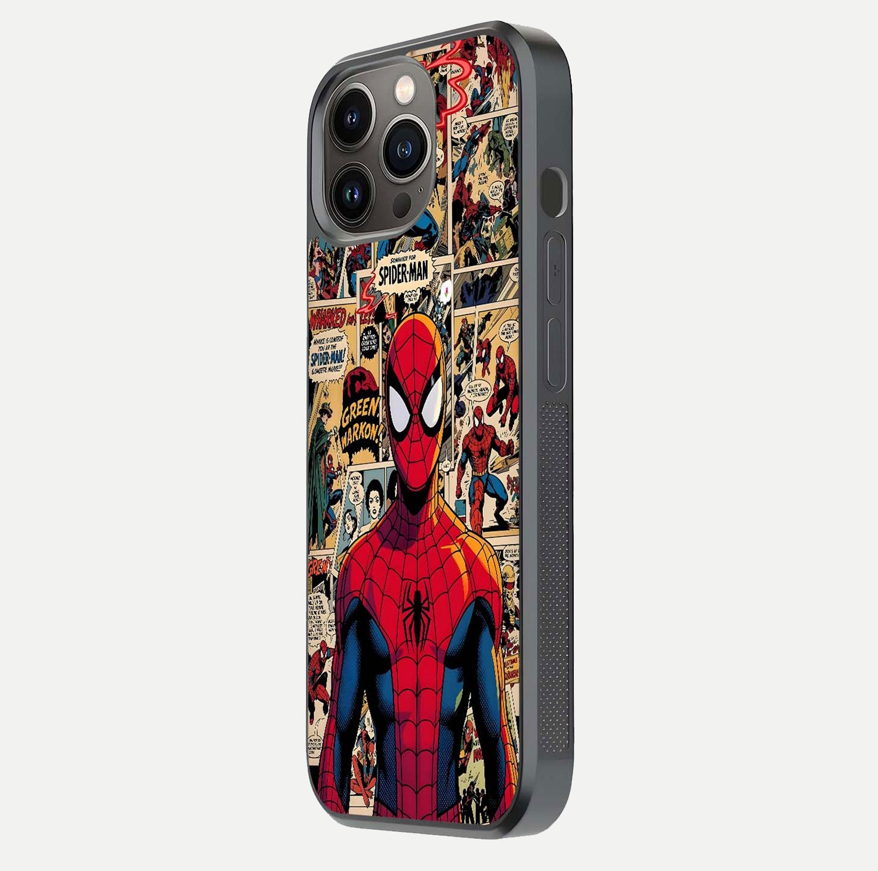 Aesthetic Spider Man Glass Case for iPhone 16 Pro side-angle image showing superhero comic print, camera module, and glossy finish reflection