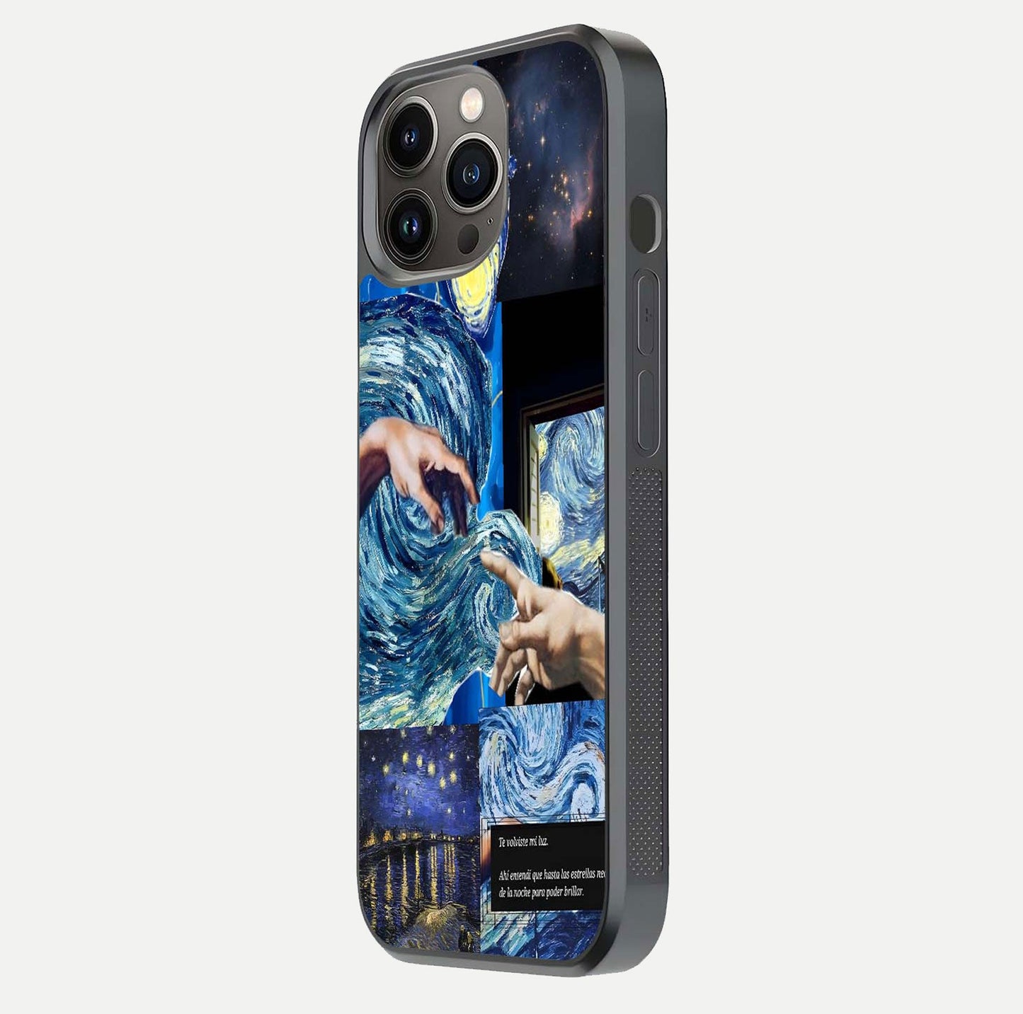 Aesthetic Vando Hands Glass Case for iPhone 16 Pro side-angle image showcasing hand design, protective edges, and gloss texture