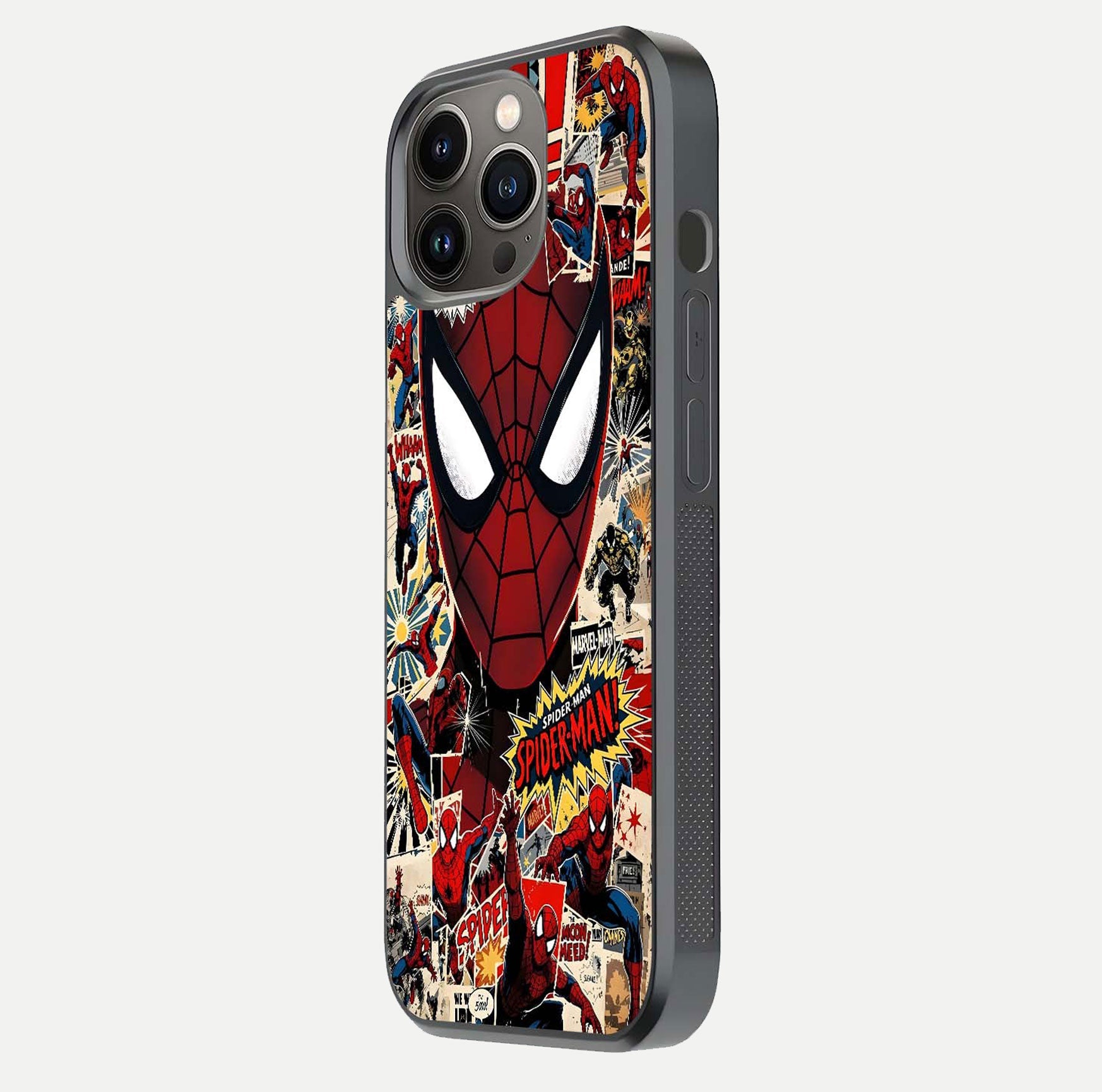 Aesthetic Wonder Spider Glass Case for iPhone 16 Pro side-angle shot showing red-blue tones and durable protective frame