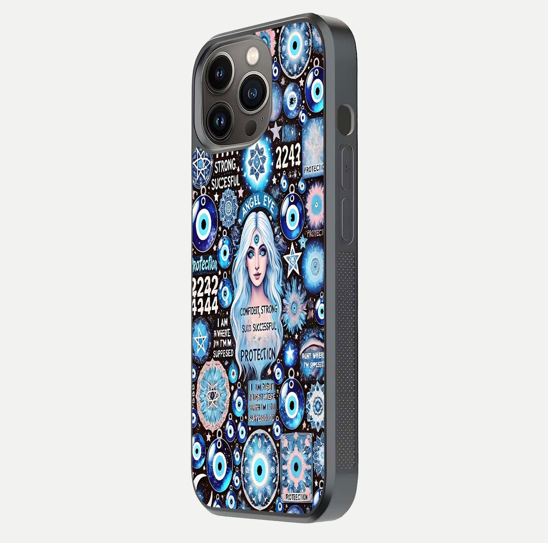 Angel Aura Shield Glass Case for iPhone 16 Pro side-angle photo showcasing aura details and glossy surface reflection