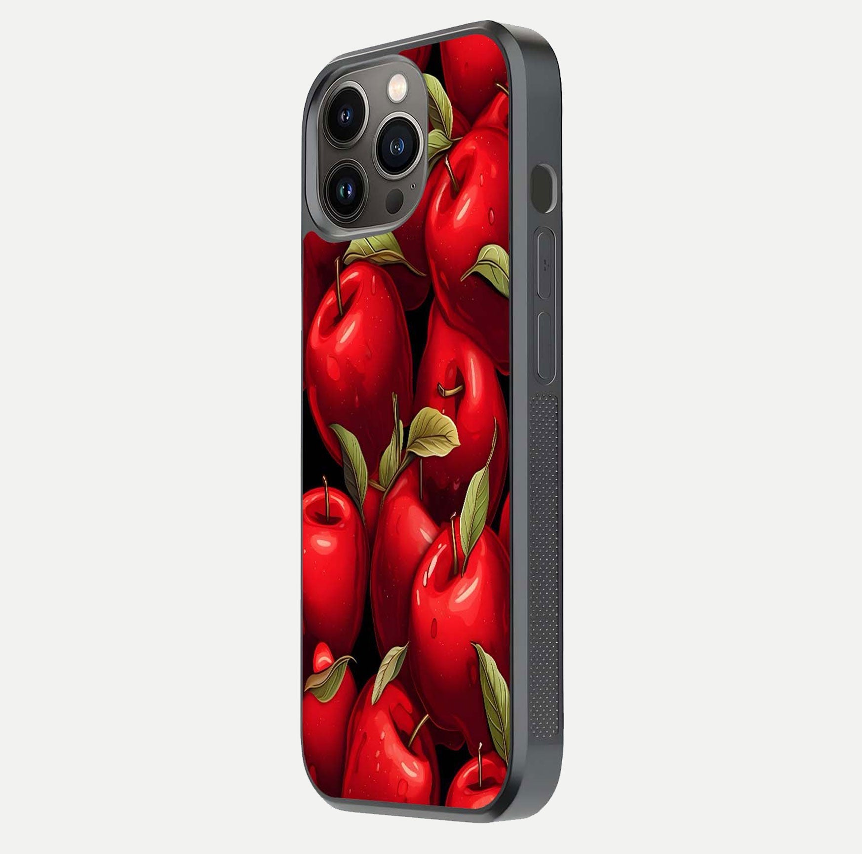 Apple Pattern Glass Case for iPhone 13 Pro side-angle image showcasing minimalist apple print and gloss reflection