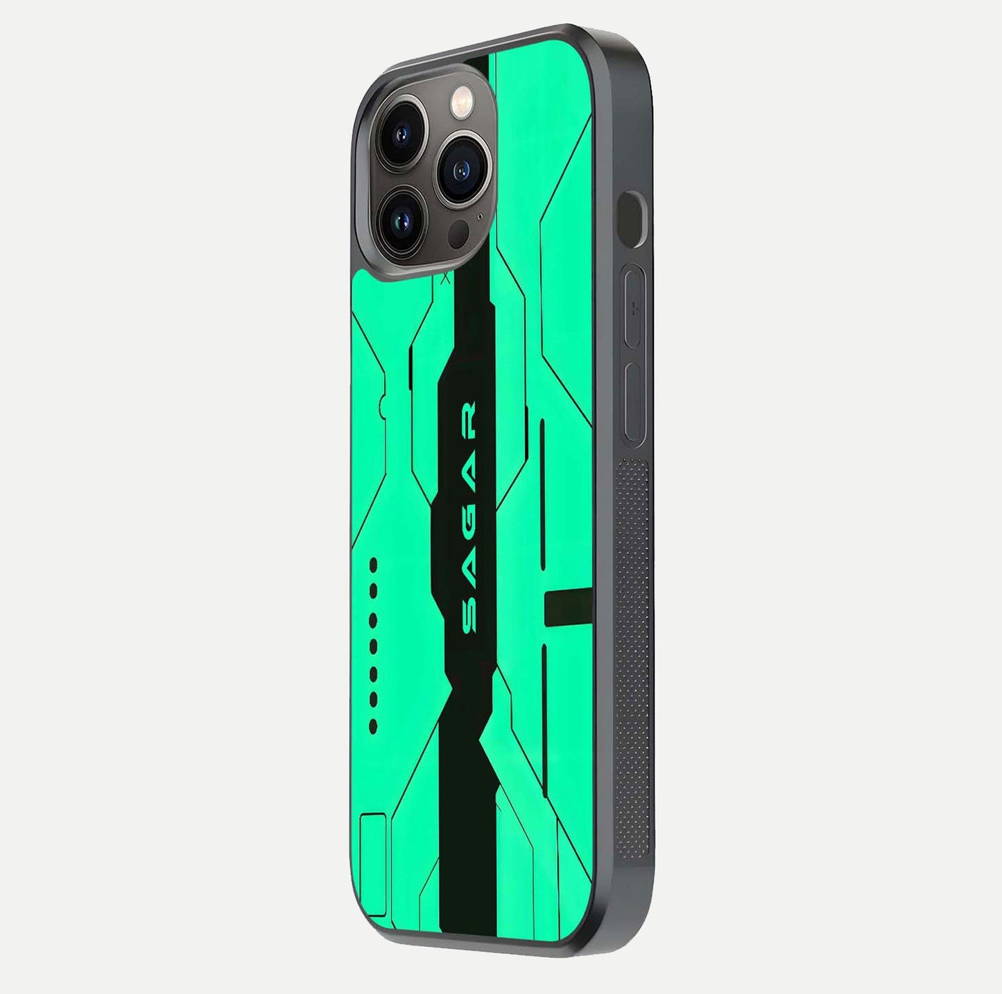 Aqua Tech CYBERPUNK Custom Name Glass Case for iPhone 13 Pro side-angle image with glowing edges and glossy surface