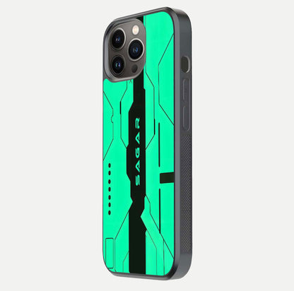 Aqua Tech CYBERPUNK Custom Name Glass Case for iPhone 13 Pro side-angle image with glowing edges and glossy surface