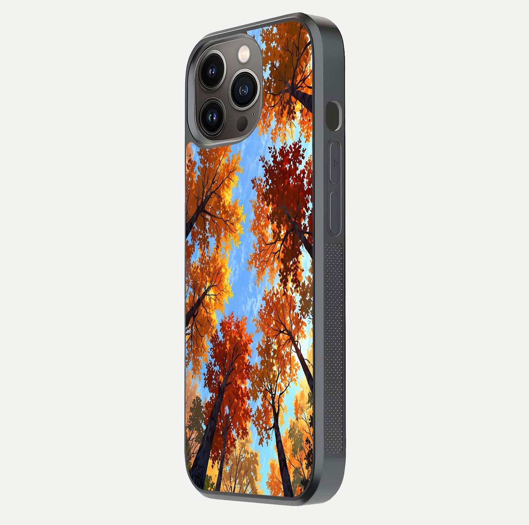Autumn Sky Rise Glass Case for iPhone 13 Pro side-angle showing autumn art tones and protective corners