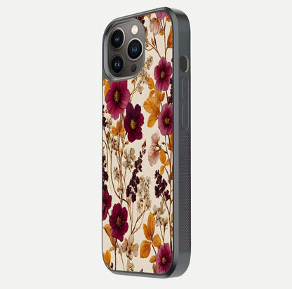 Autumn Wine Bloom Glass Case for iPhone 13 Pro side-angle showcasing floral design, texture gloss, and camera frame