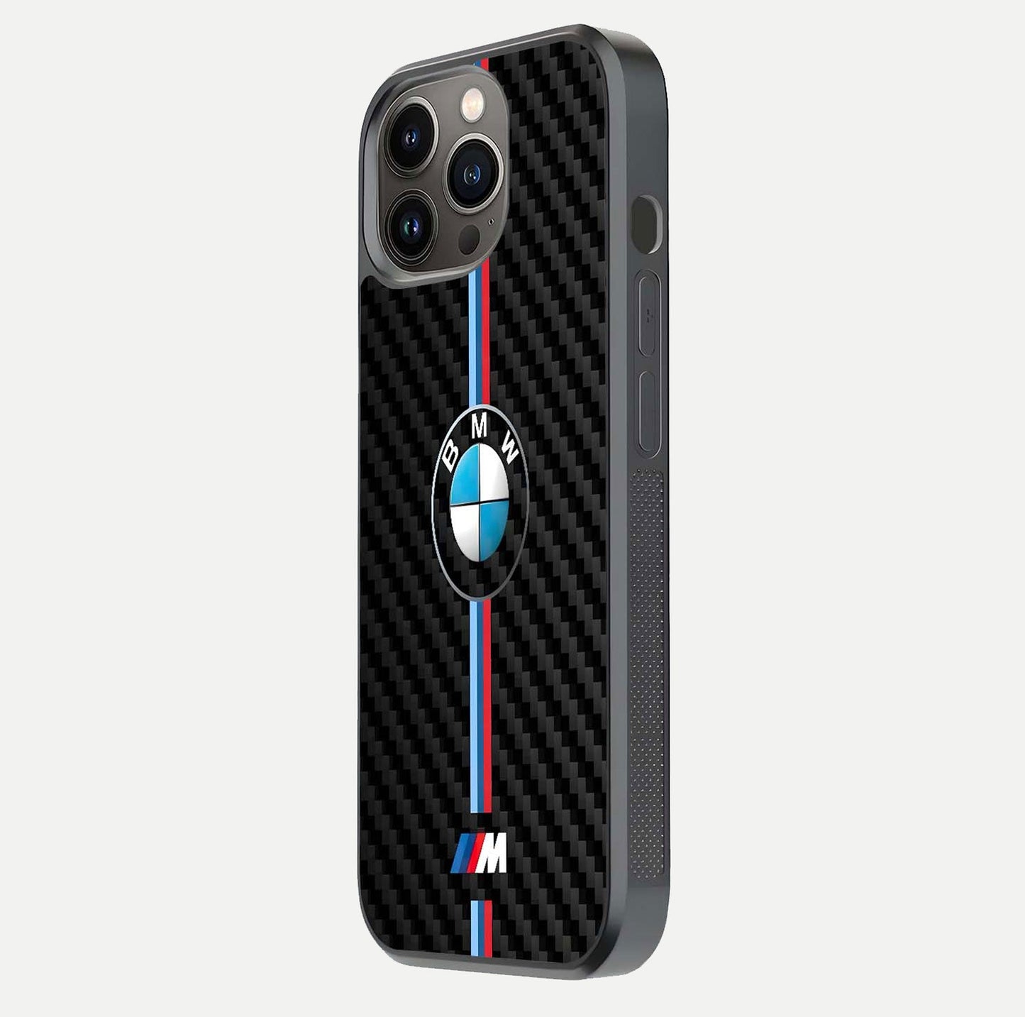 BMW Pattern Glass Case for iPhone 13 Pro side-angle image showing edge finish and luxury car-inspired shine