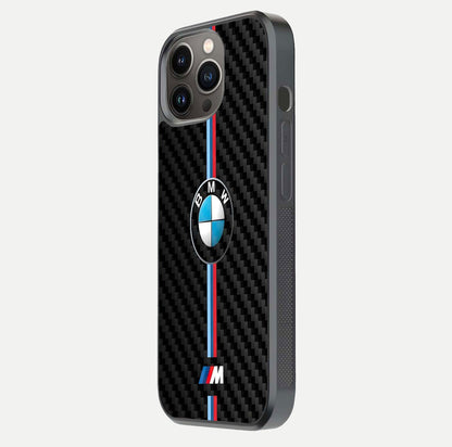 BMW Pattern Glass Case for iPhone 13 Pro side-angle image showing edge finish and luxury car-inspired shine