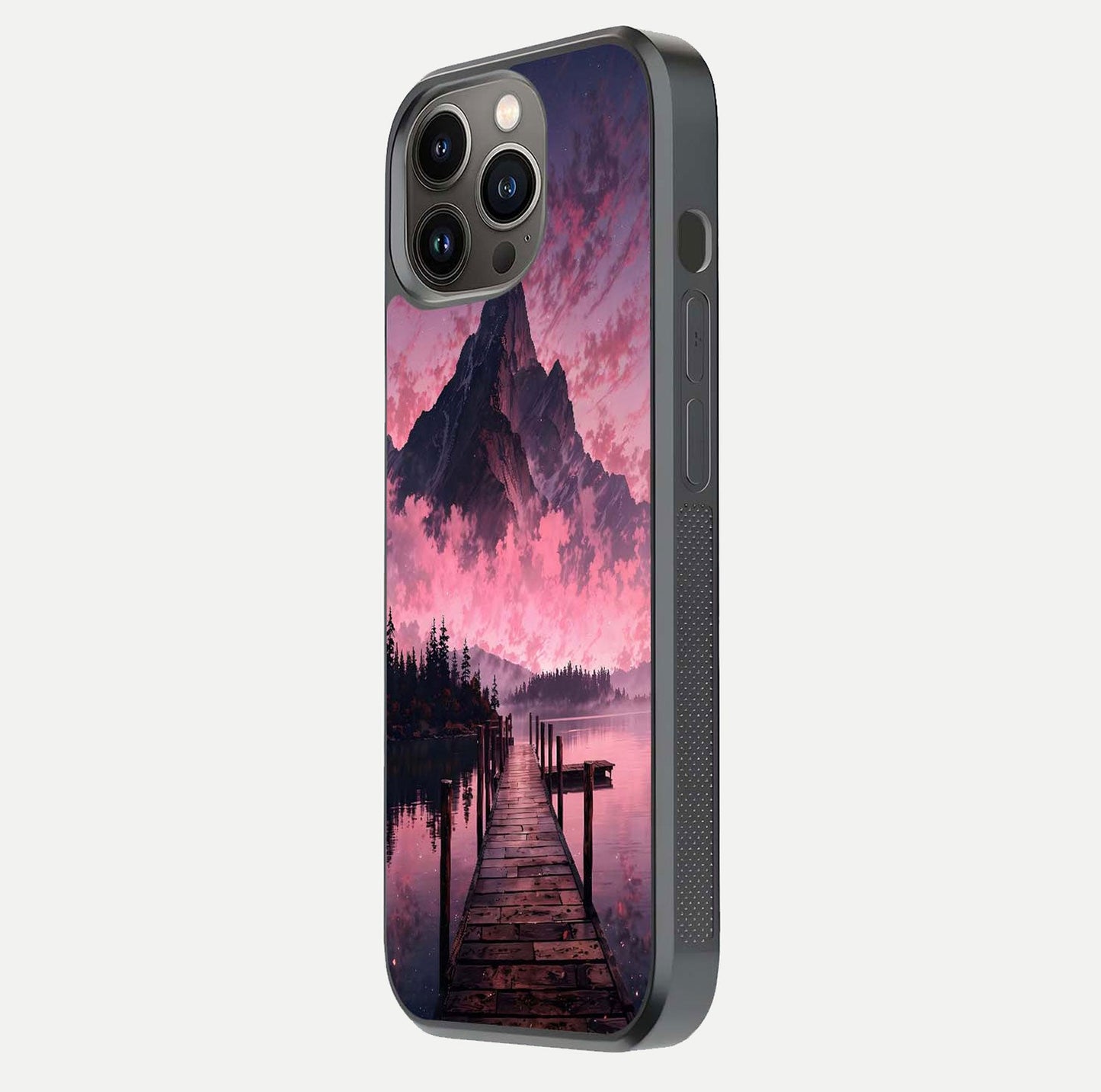 Beautyful Mountain View Glass Case for iPhone 13 Pro side-angle image displaying mountain artwork and gloss surface