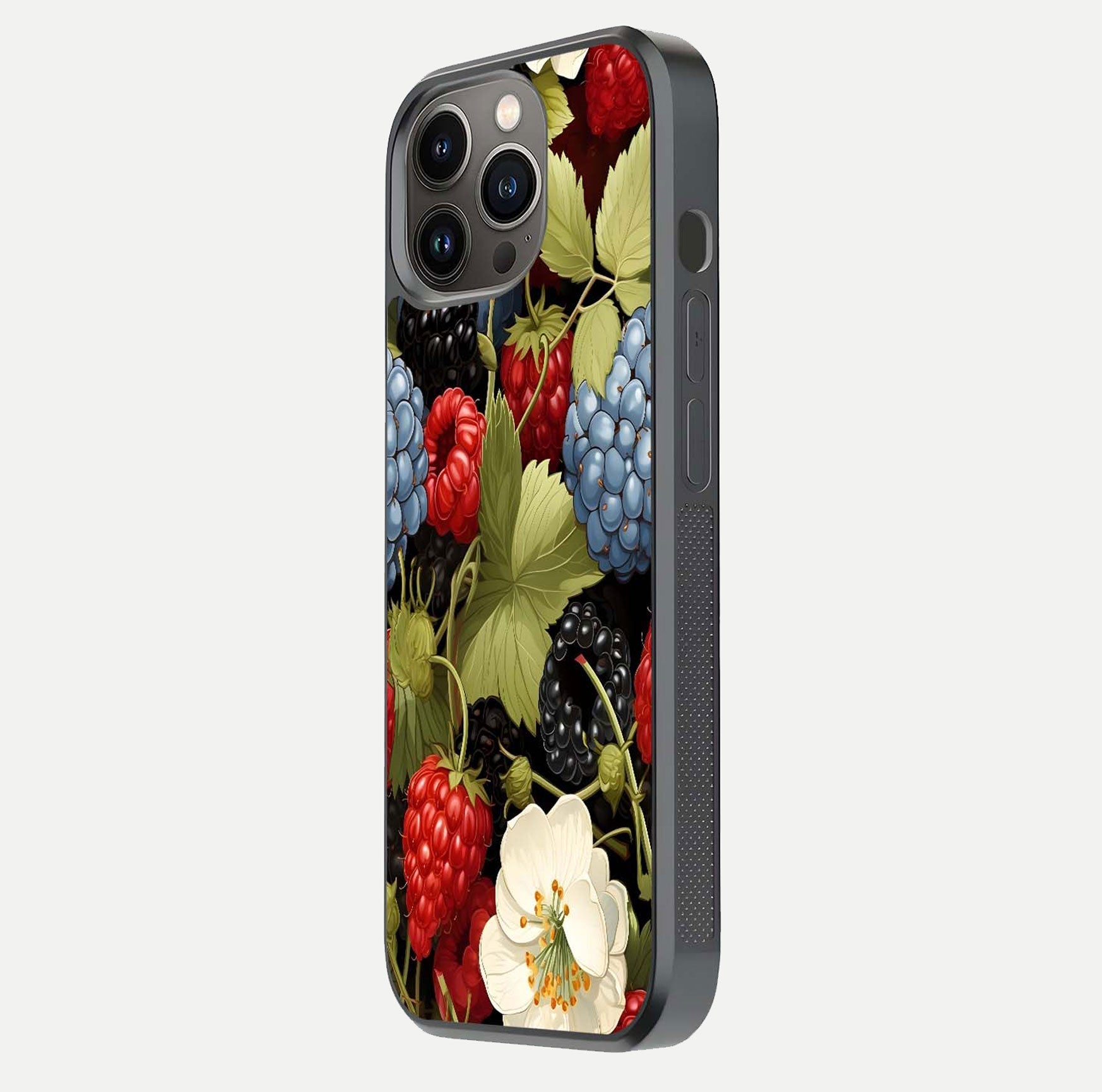Berry Bloom Charm Glass Case for iPhone 13 Pro side-angle image showing floral texture and high-definition print gloss