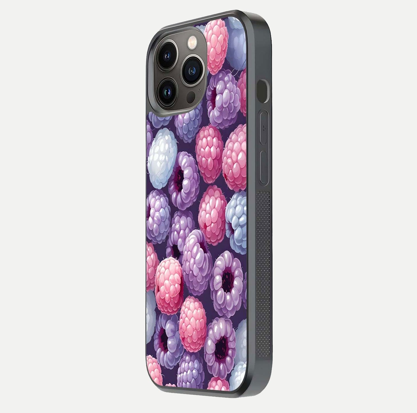 Berry Candy Pop Glass Case for iPhone 13 Pro side-angle image with bright color tones and smooth reflection