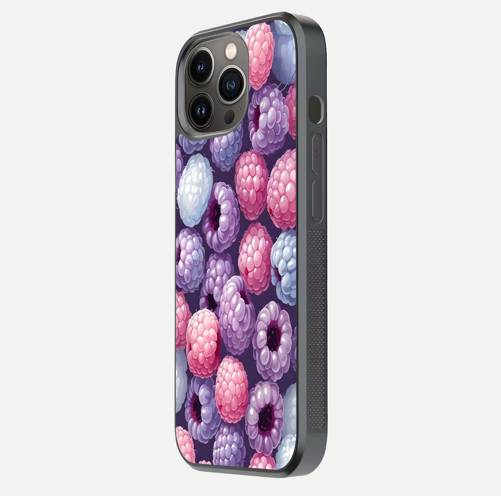 Berry Candy Pop Glass Case for iPhone 13 Pro side-angle image with bright color tones and smooth reflection