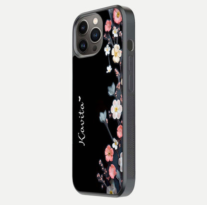 Black Elegance Floral Custom Name Glass Case for iPhone 13 Pro side-angle showing black gloss depth and delicate print texture