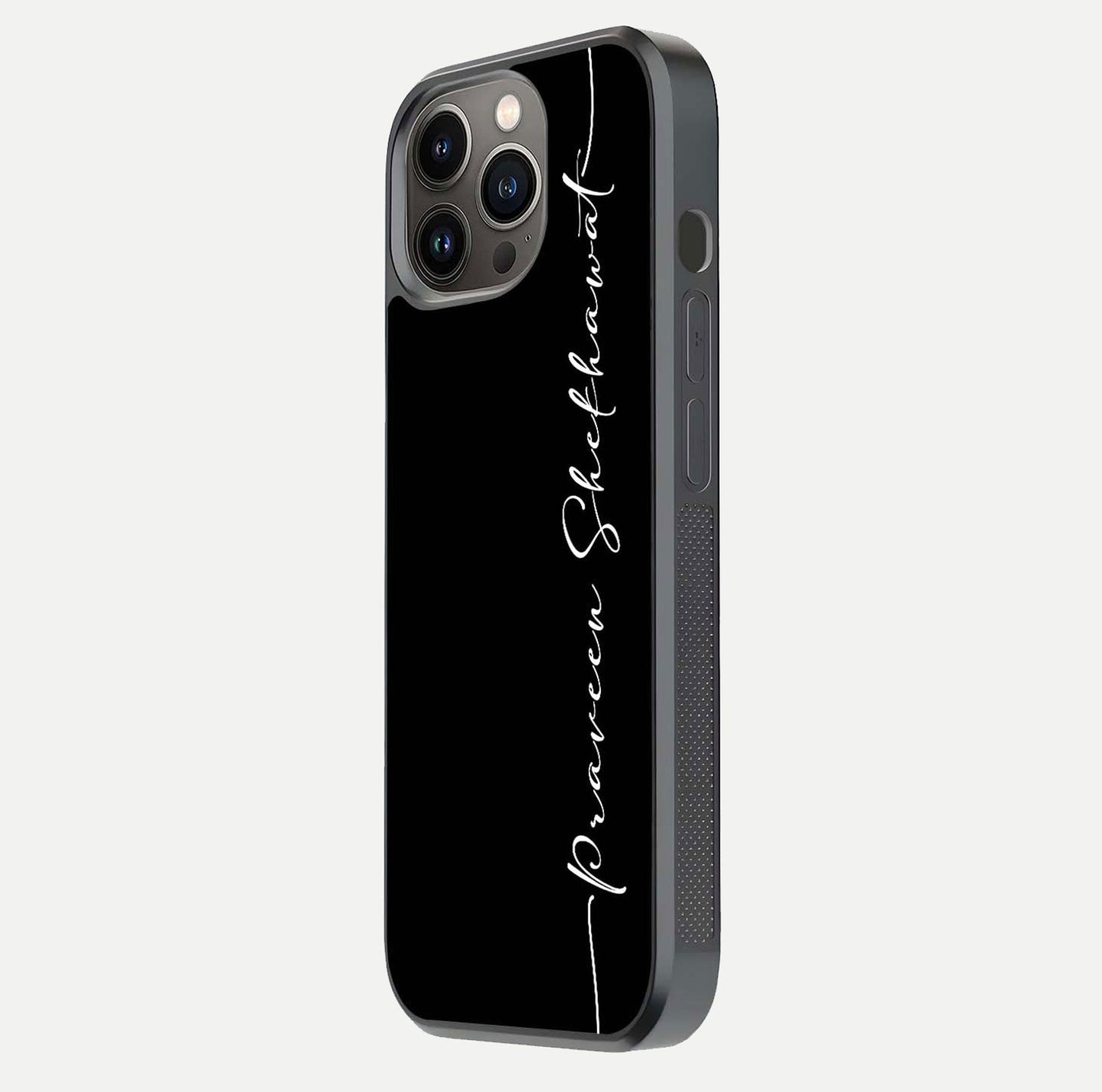 Black Tune Custom Name Glass Case for iPhone 13 Pro side-angle photo showing mirror-like surface and slim profile