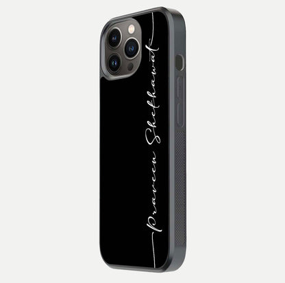 Black Tune Custom Name Glass Case for iPhone 13 Pro side-angle photo showing mirror-like surface and slim profile