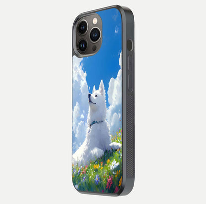 Blissful Cloud Pup Glass Case for iPhone 16 Pro side-angle shot displaying puppy print and glossy texture