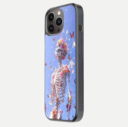 Bloom Beyond Bones Glass Case for iPhone 13 Pro side-angle image highlighting print precision and gloss finish