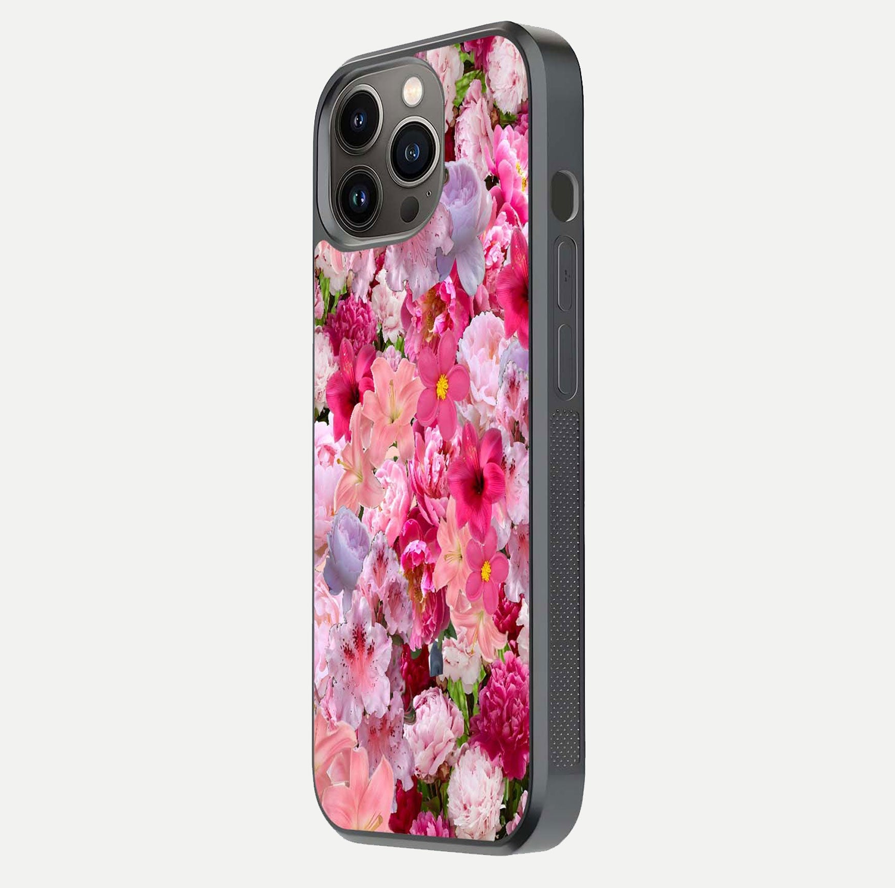 Bloom Crush Fantasy Glass Case for iPhone 13 Pro side-angle shot with fantasy bloom art and gloss surface