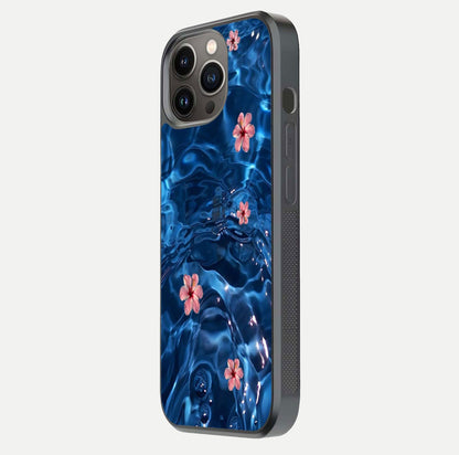 Blooming Water Drift Glass Case for iPhone 13 Pro side-angle image showcasing blossom flow, curved corners, and HD glass gloss