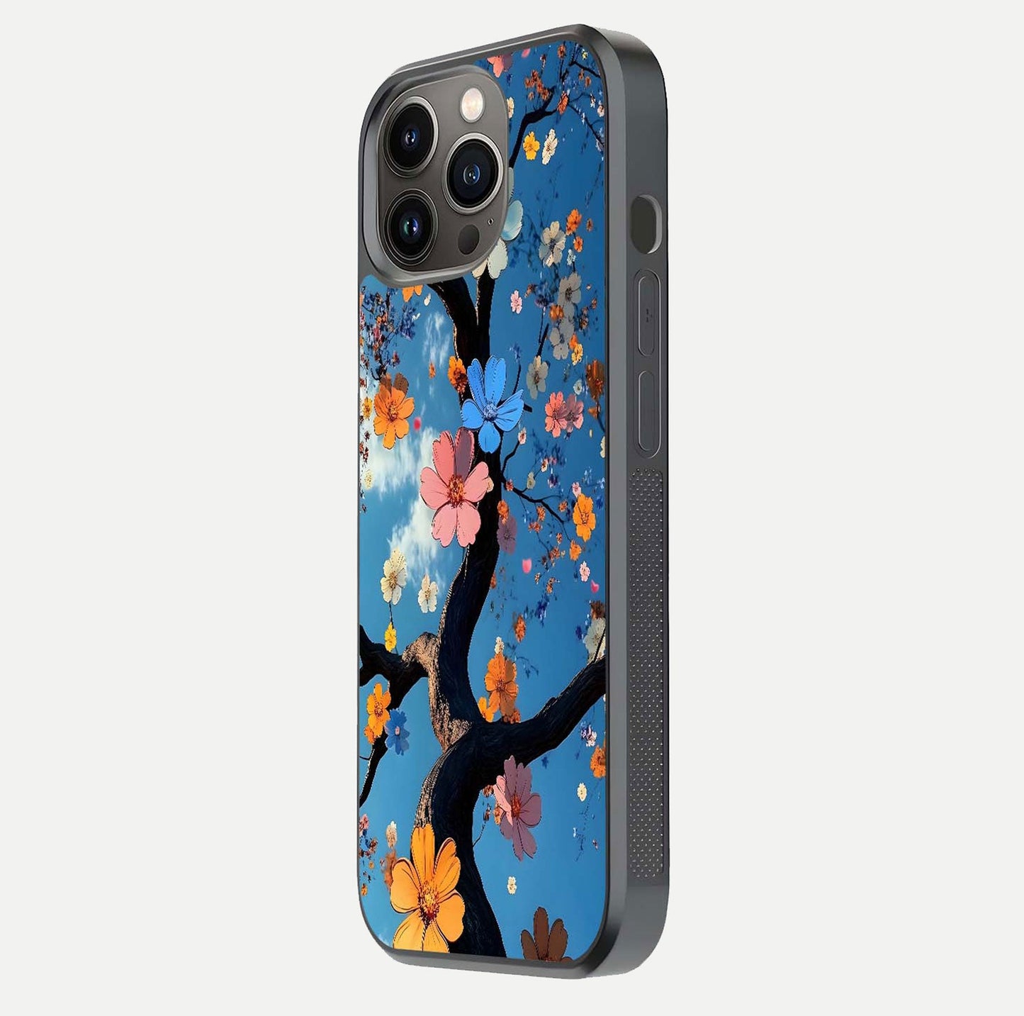 Blossom Dream Sky Glass Case for iPhone 13 Pro side-angle photo showing flower details, edge curve, and reflection shine