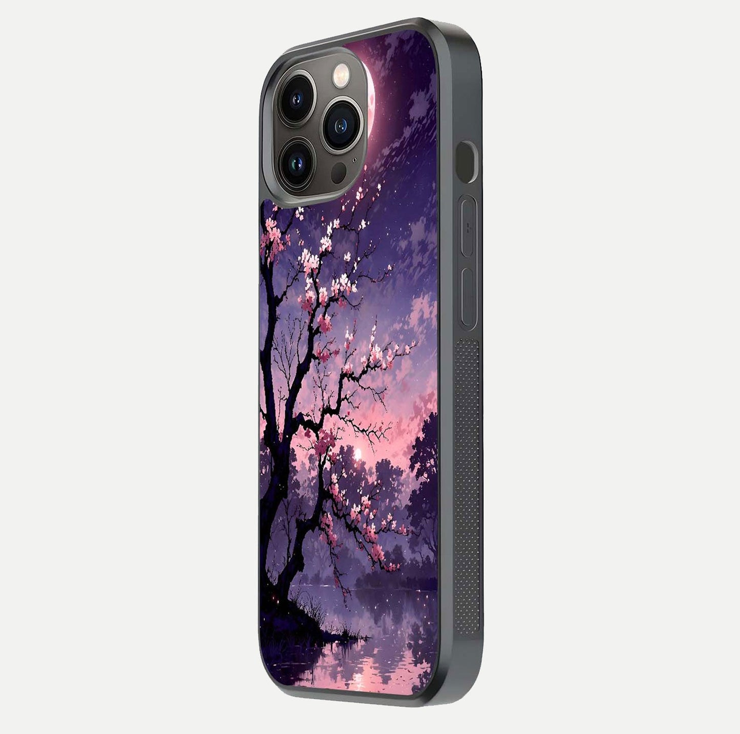 Blossom Pink Moon Glass Case for iPhone 13 Pro side-angle image showing glossy curve and floral-moon balance