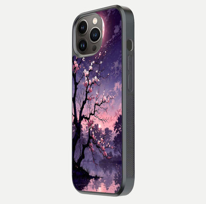Blossom Pink Moon Glass Case for iPhone 13 Pro side-angle image showing glossy curve and floral-moon balance