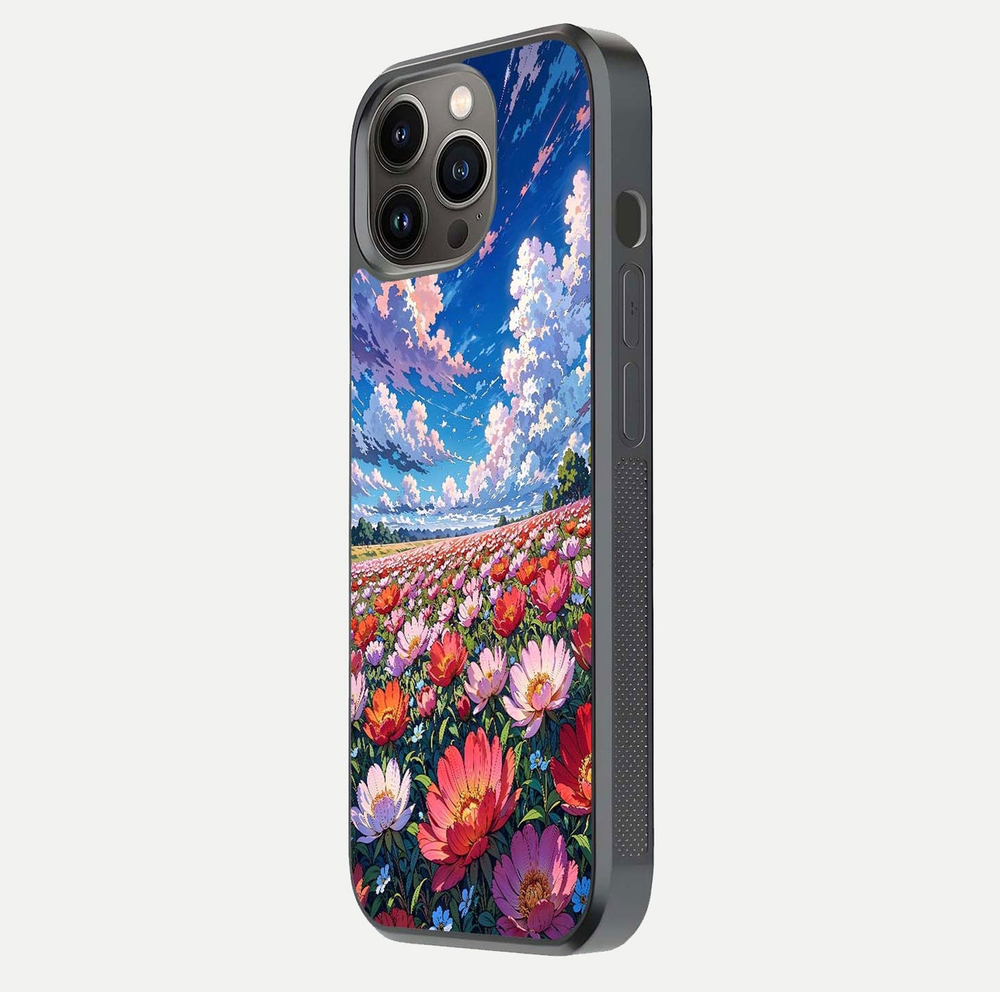Blossom Sky Field Glass Case for iPhone 13 Pro side-angle showing sky hues, blossom texture, and reflective shine