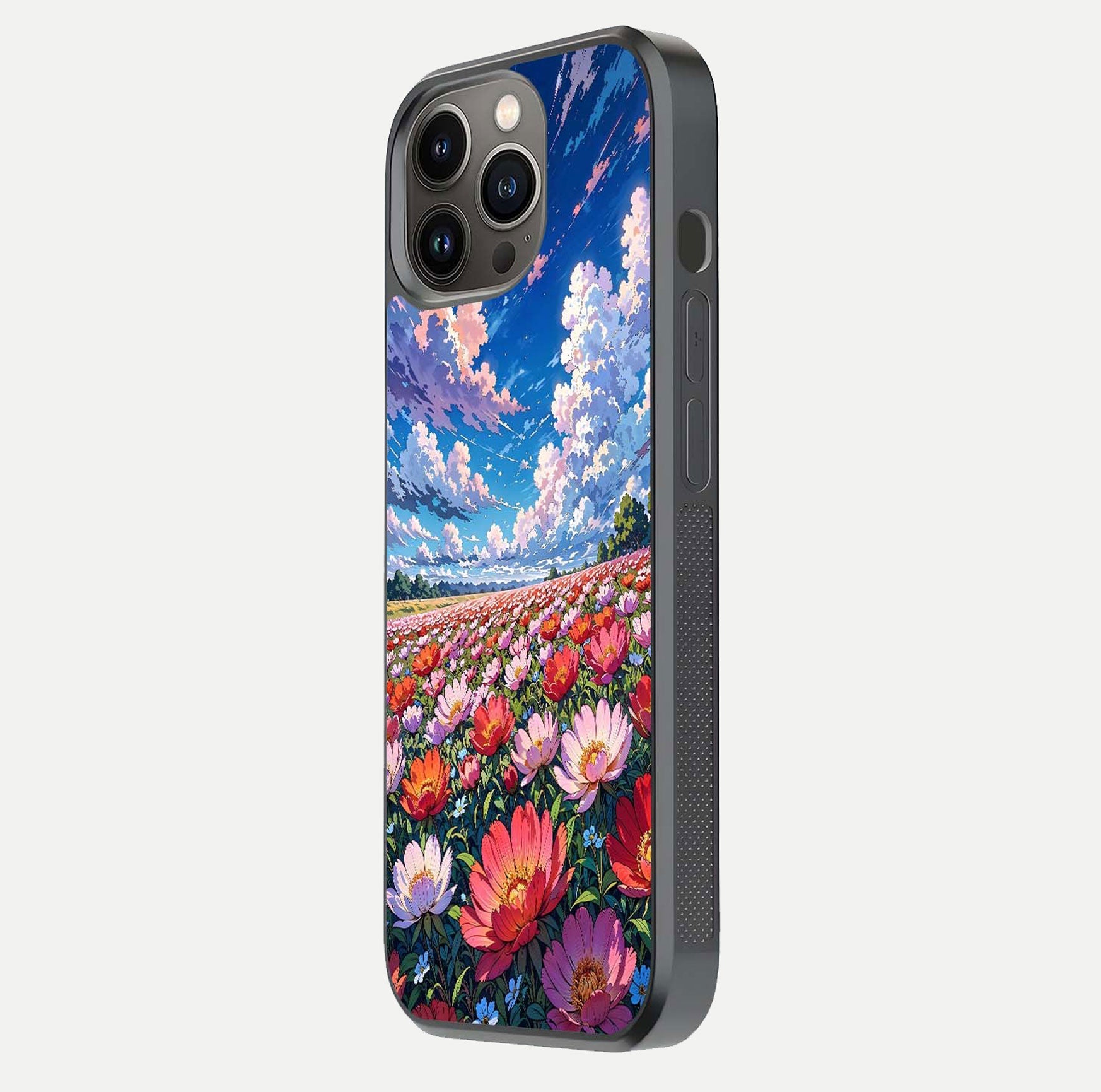 Blossom Sky Field Glass Case for iPhone 13 Pro side-angle showing sky hues, blossom texture, and reflective shine