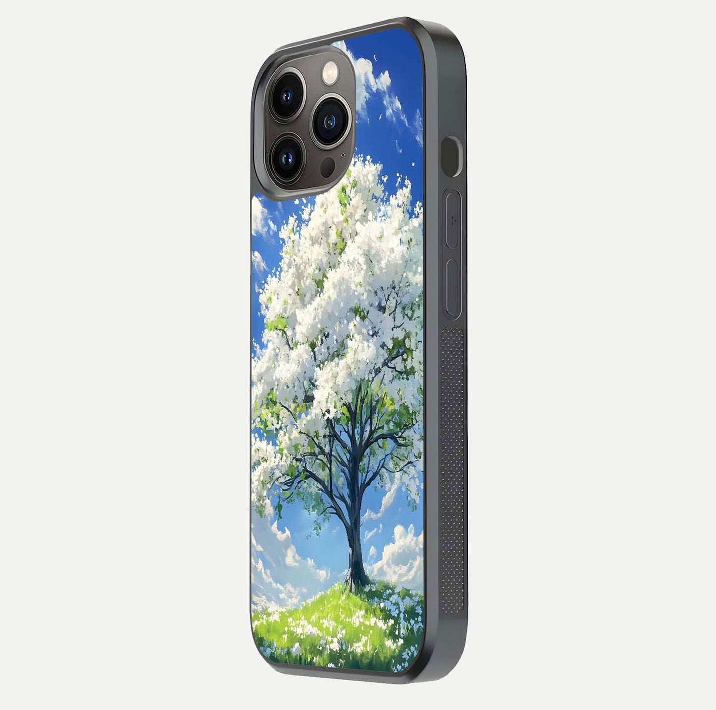 Blossom Sky Serenity Glass Case for iPhone 13 Pro side-angle image showing elegant edge flow and light reflection