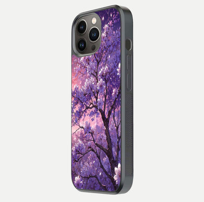 Blossom Tree Glass Case for iPhone 13 Pro side-angle image showing floral tree artwork and reflection gloss