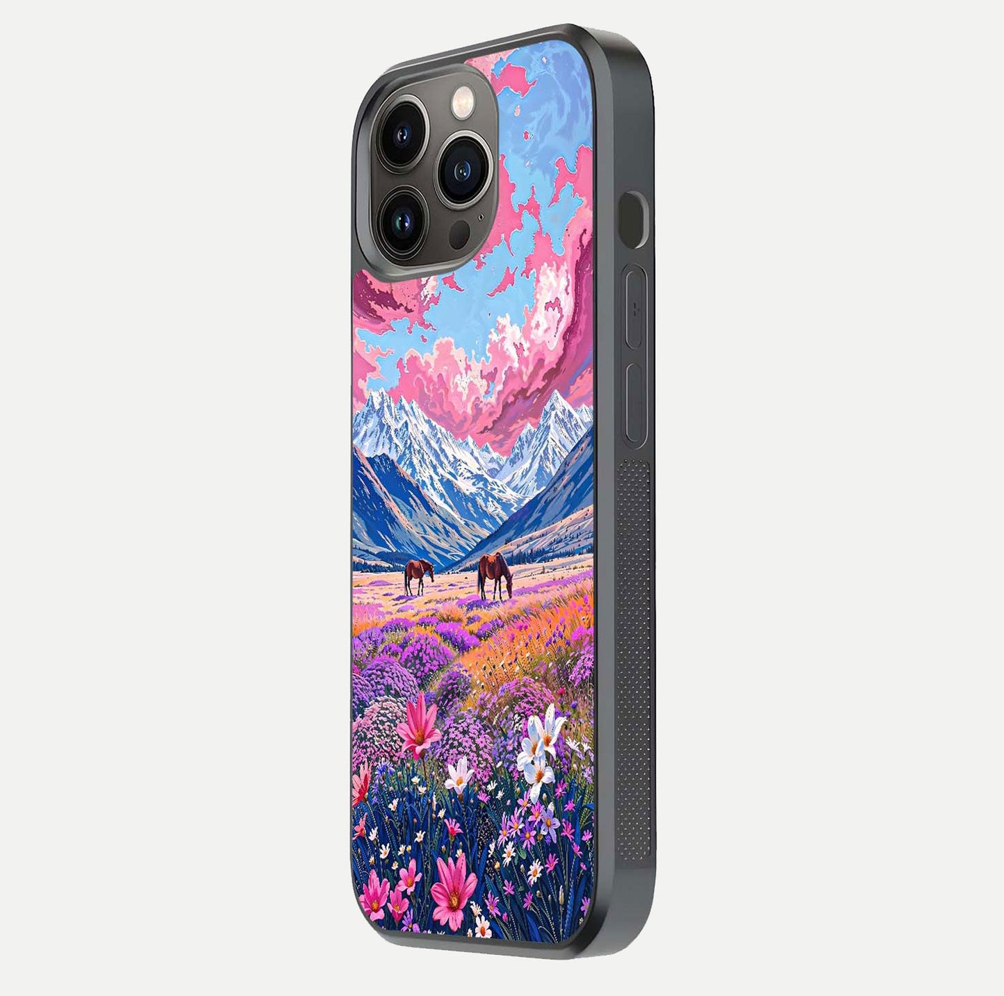 Blossom Valley Dream Glass Case for iPhone 13 Pro side-angle shot showcasing bloom tones and gloss texture