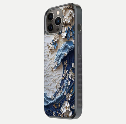 Blossom Wave Art Glass Case for iPhone 13 Pro side-angle view showing wave-flow print and gloss edge finish