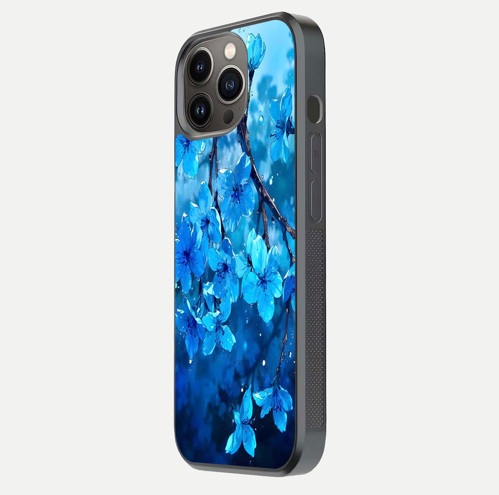 Blue Blossoms Branch Glass Case for iPhone 13 Pro side-angle image showing blossom pattern flow and glossy texture