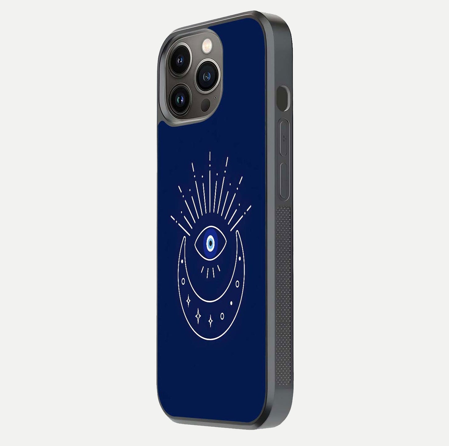 Blue Evil Eye Glass Case for iPhone 13 Pro side-angle view showing edge glow, color balance, and reflective surface