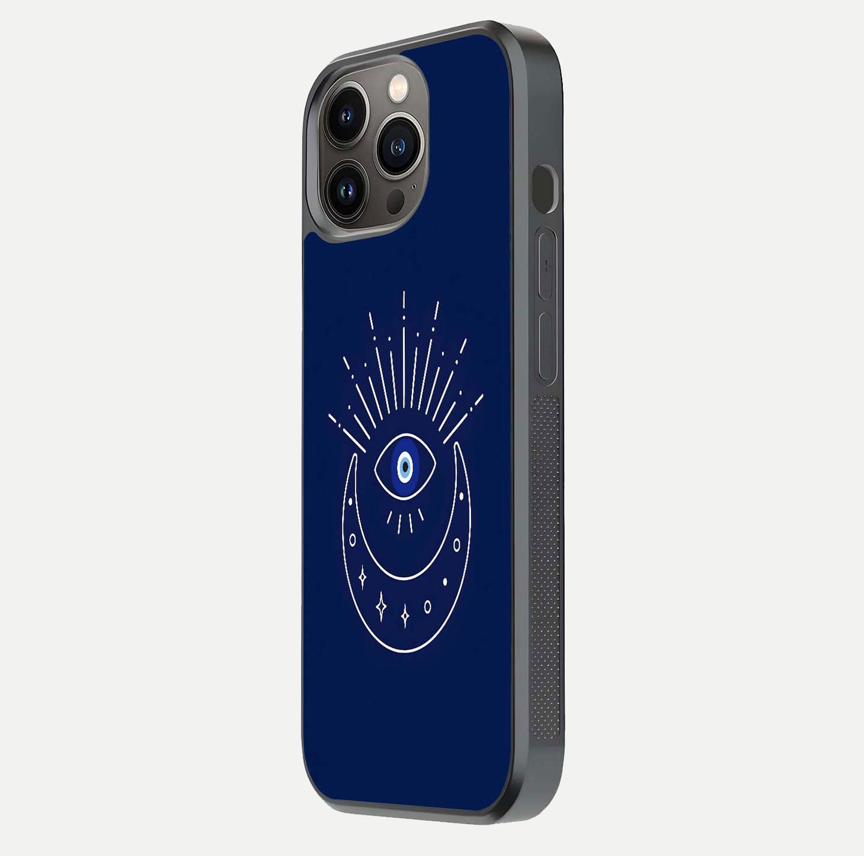 Blue Evil Eye Glass Case for iPhone 13 Pro side-angle view showing edge glow, color balance, and reflective surface