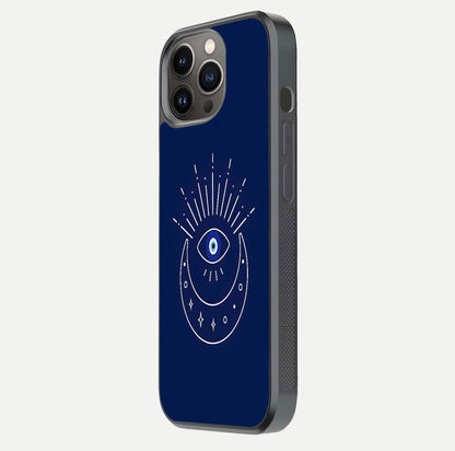 Blue Evil Eye Glass Case for iPhone 13 Pro side-angle view showing edge glow, color balance, and reflective surface