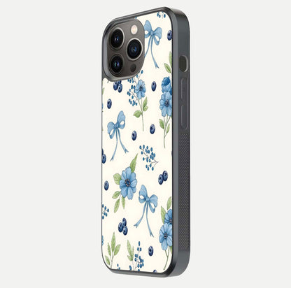 Blue Flower & Bow Glass Case for iPhone 13 Pro side-angle image showing bow-floral mix and HD finish shine
