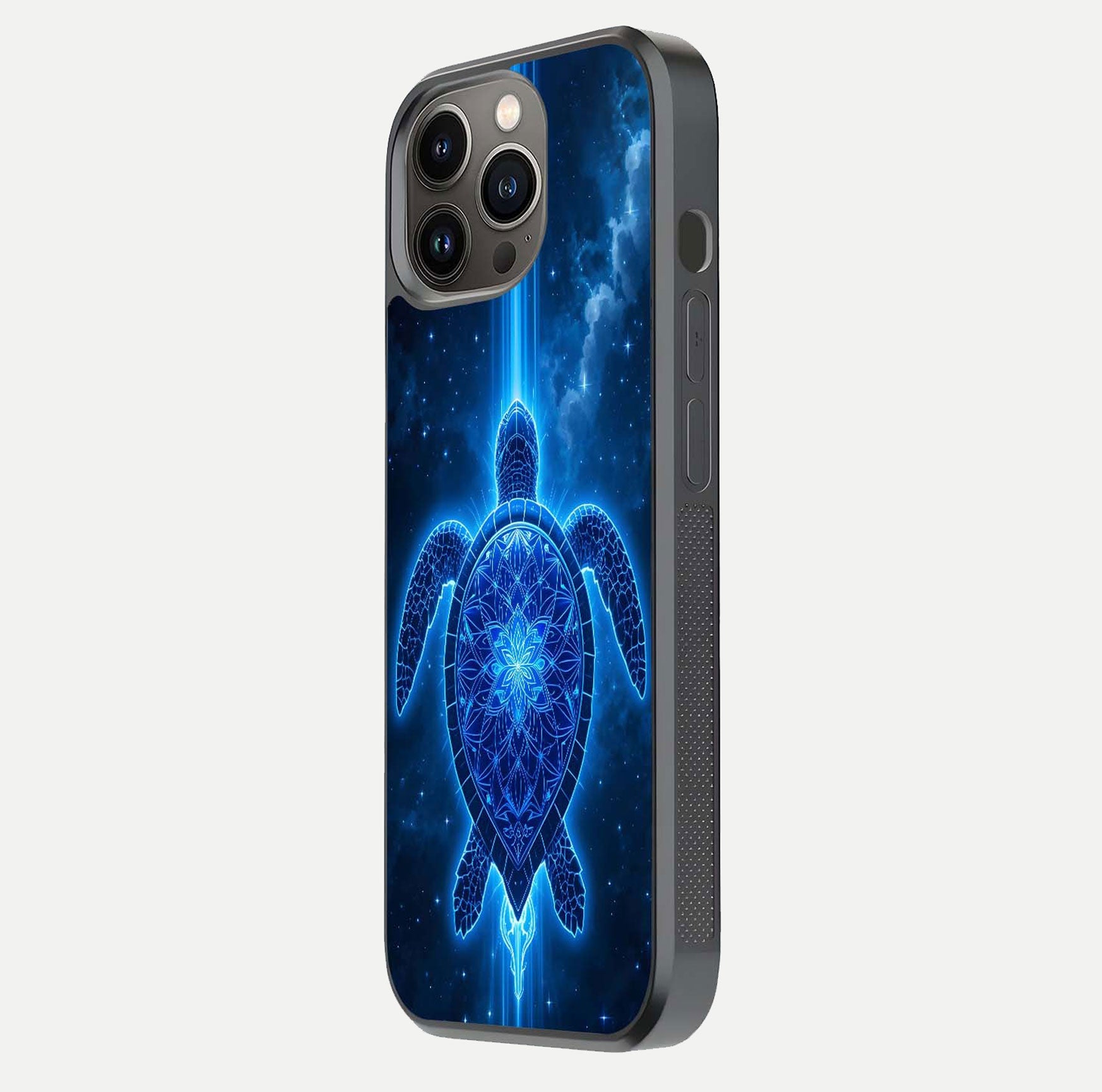 Blue Galaxy Turtle Glass Case for iPhone 13 Pro side-angle photo capturing galaxy shine and smooth edge design
