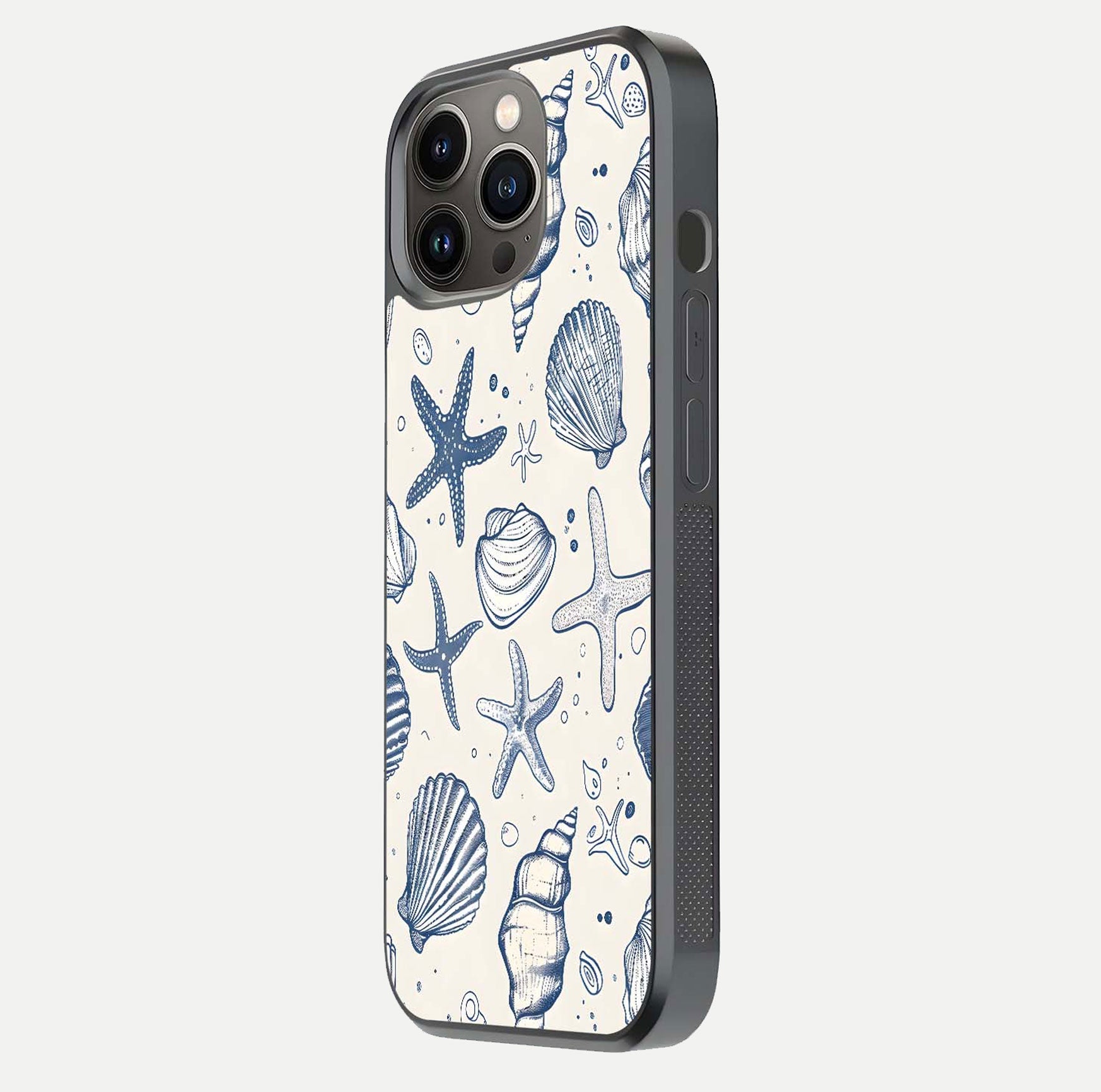 Blue Ocean Outline Glass Case for iPhone 13 Pro side-angle view showing clear edge lines and oceanic blue glow