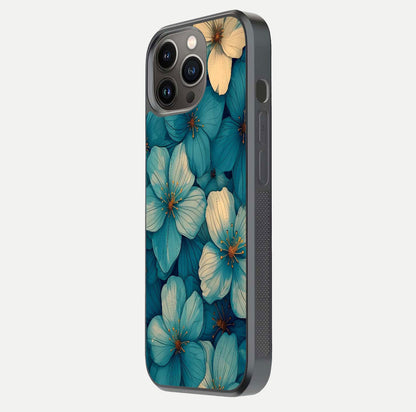 Blue Shade Floral Glass Case for iPhone 13 Pro side-angle photo showing detailed floral hues and curved glass shine