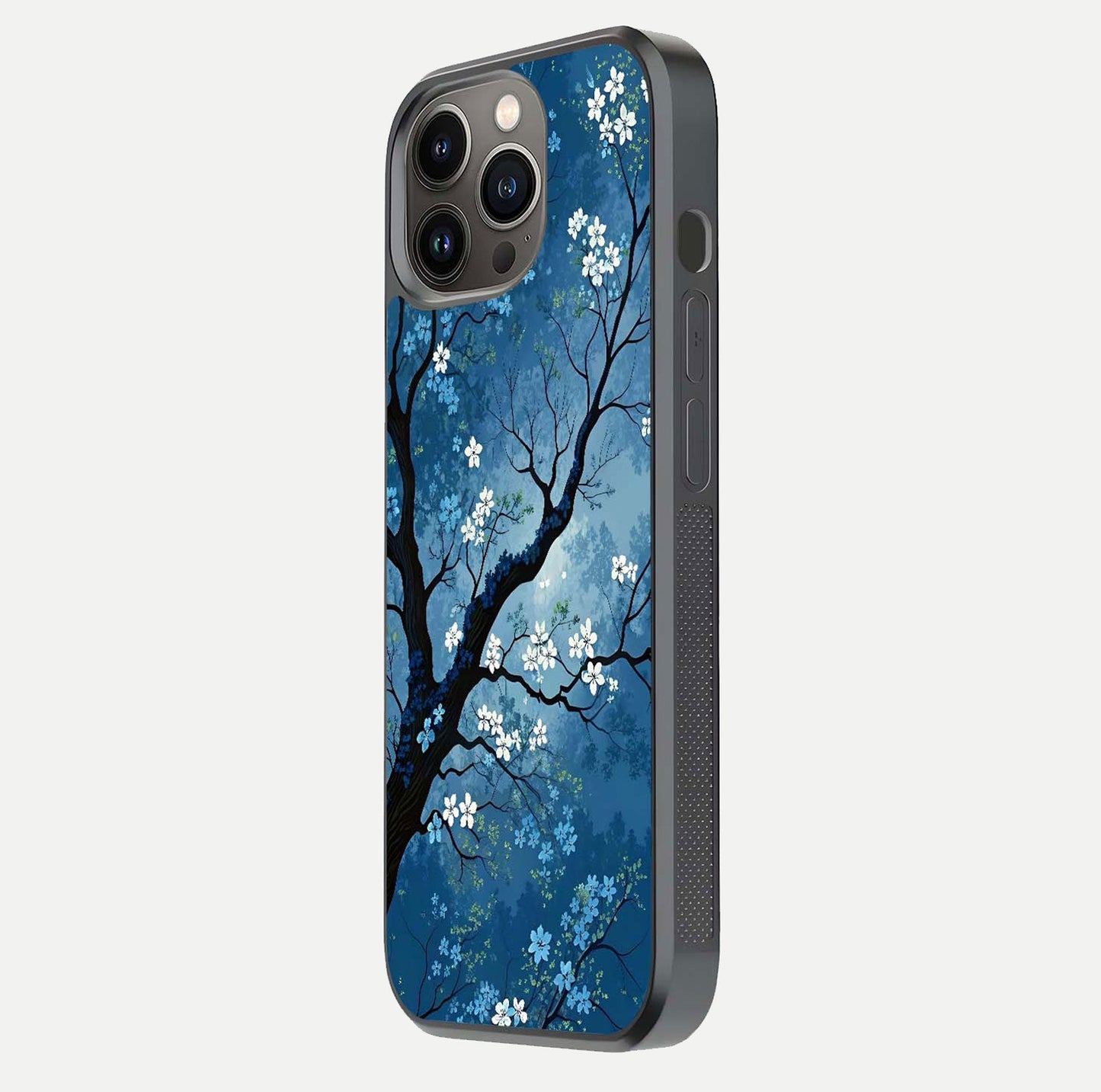 Blue Tree Serenity Glass Case for iPhone 13 Pro side-angle shot showing glossy edge and tree pattern reflection