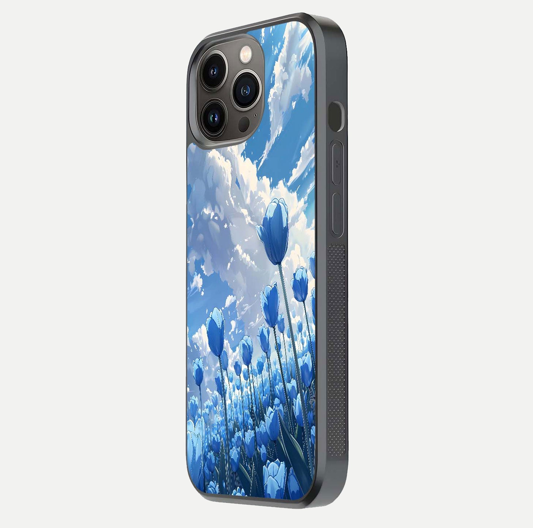 Blue Tulip Clouds Glass Case for iPhone 13 Pro side-angle image showing edge curve and flower reflection glow