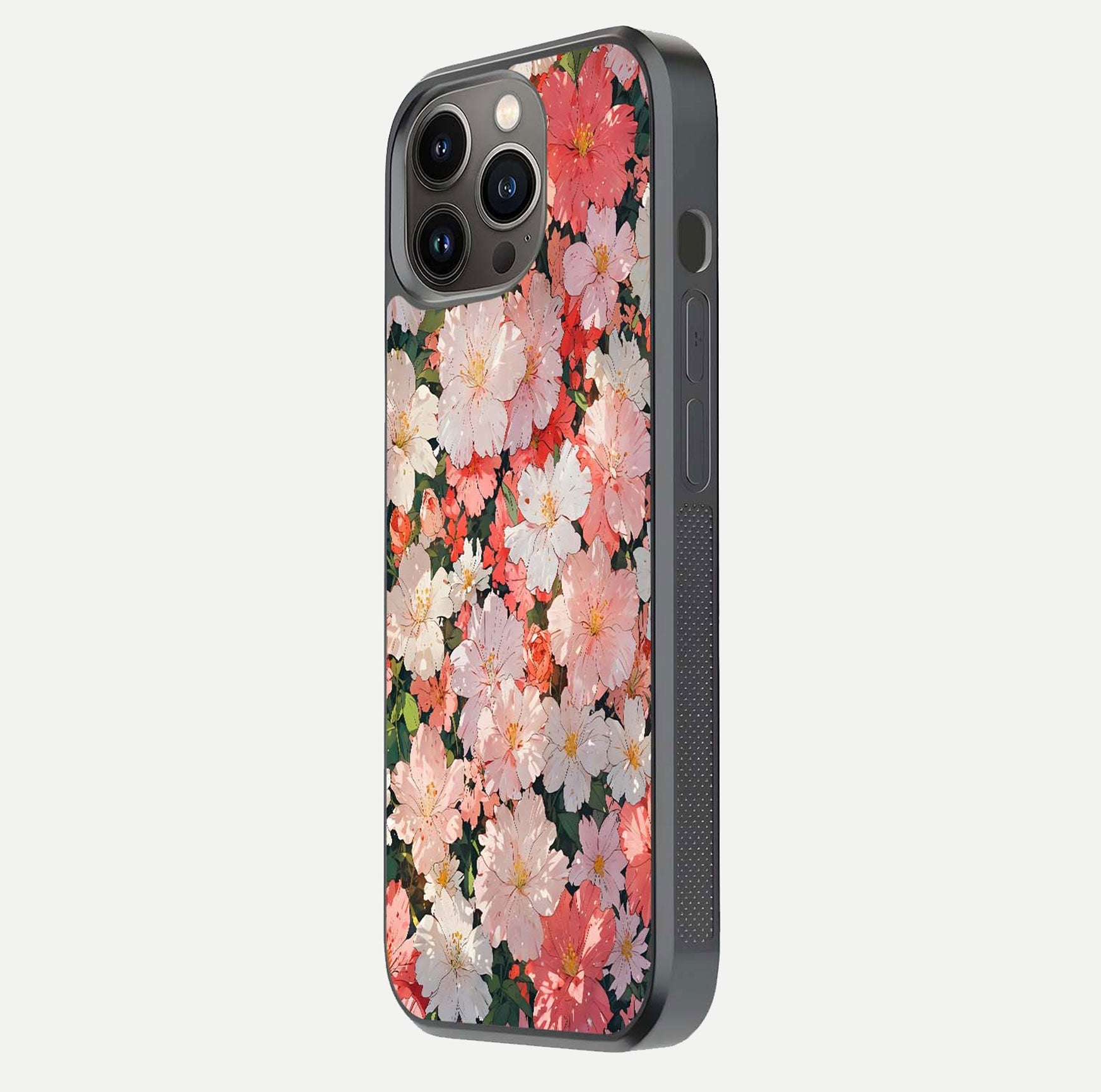 Blush Bloom Field Glass Case for iPhone 13 Pro side-angle image showing petal pattern gloss and smooth edges