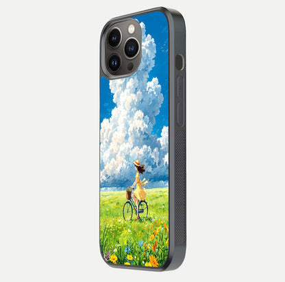 Breezy Meadow Ride Glass Case for iPhone 13 Pro side-angle image showing floral details and edge glow