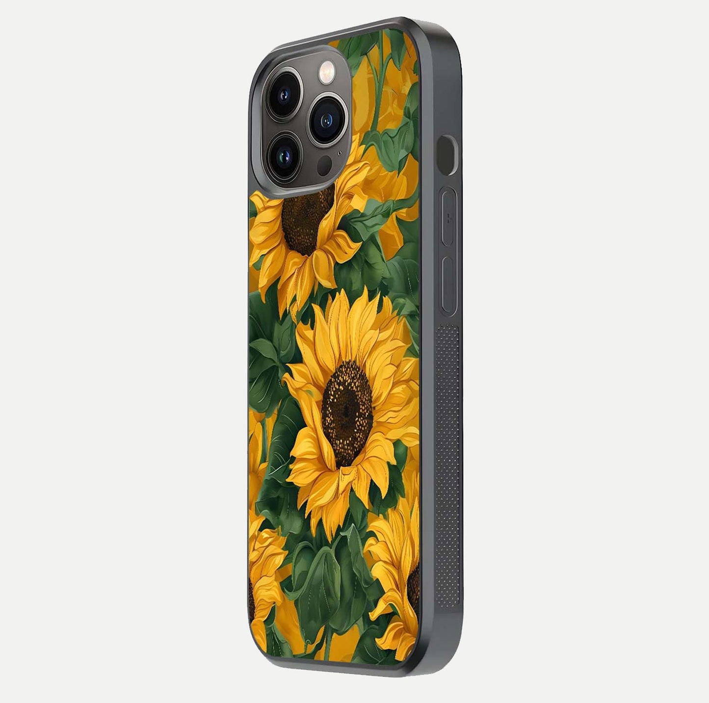 Bright Sunflower Bloom Glass Case for iPhone 13 Pro side-angle image showing shine texture and detailed bloom