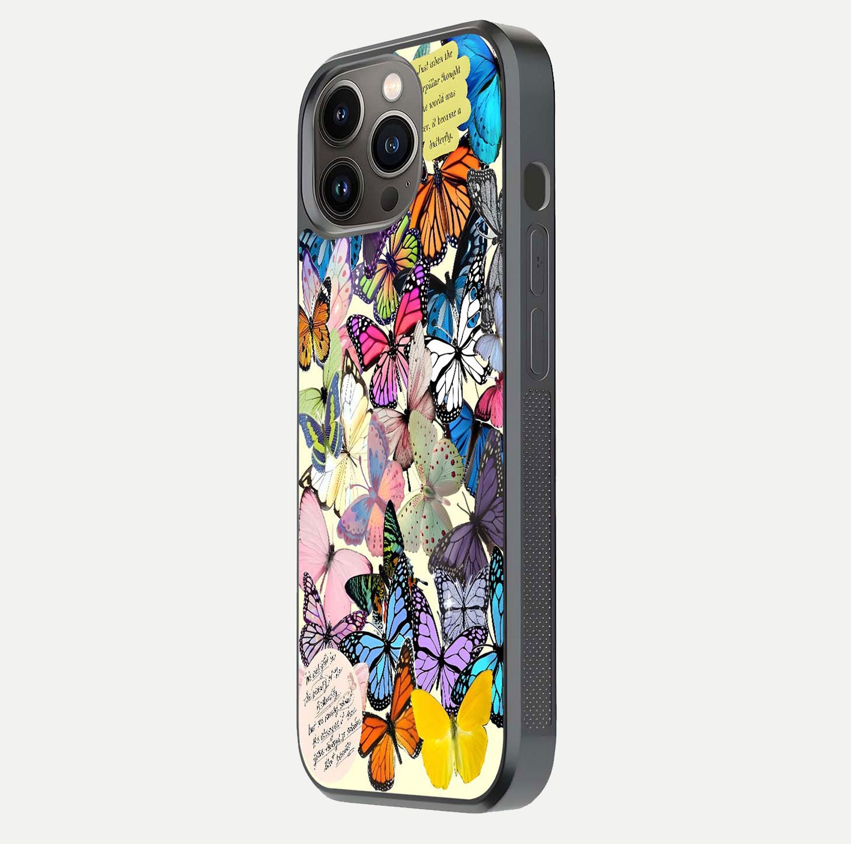 Butterflies Petal Dream Glass Case for iPhone 13 Pro side-angle shot showing butterfly motion and curved edges