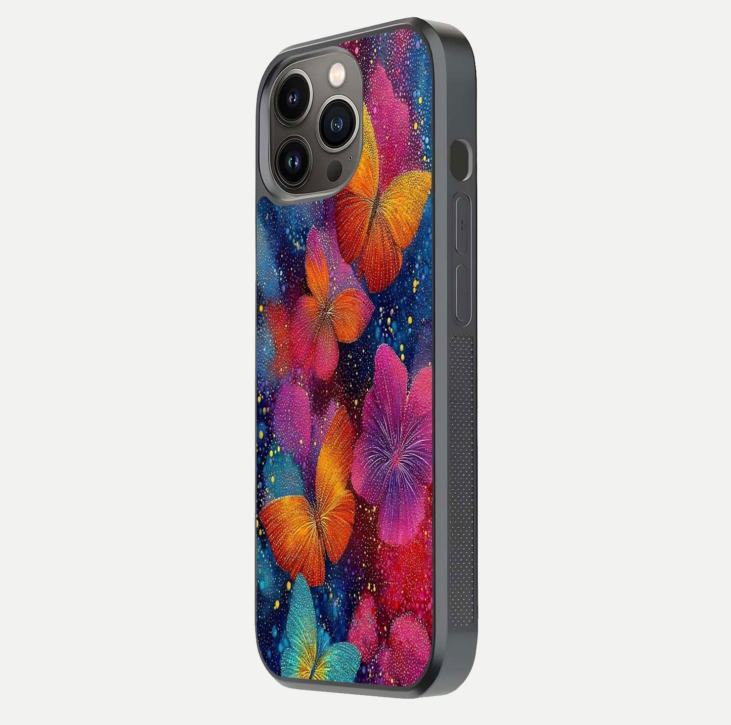 Butterfly Dream Mist Glass Case for iPhone 13 Pro side-angle image showing soft gradient and reflective glow